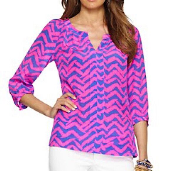 Lilly Pulitzer Moxy I Got Lucky Pink Blue Print Silk Blouse Women’s Size Small - Picture 2 of 9